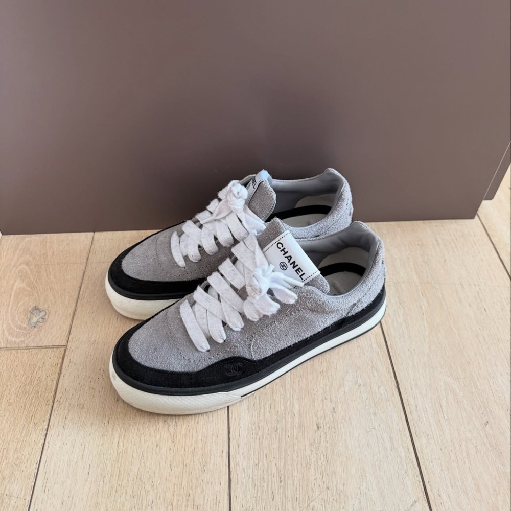 CHANEL Two-Tone Gray and Black Sneakers